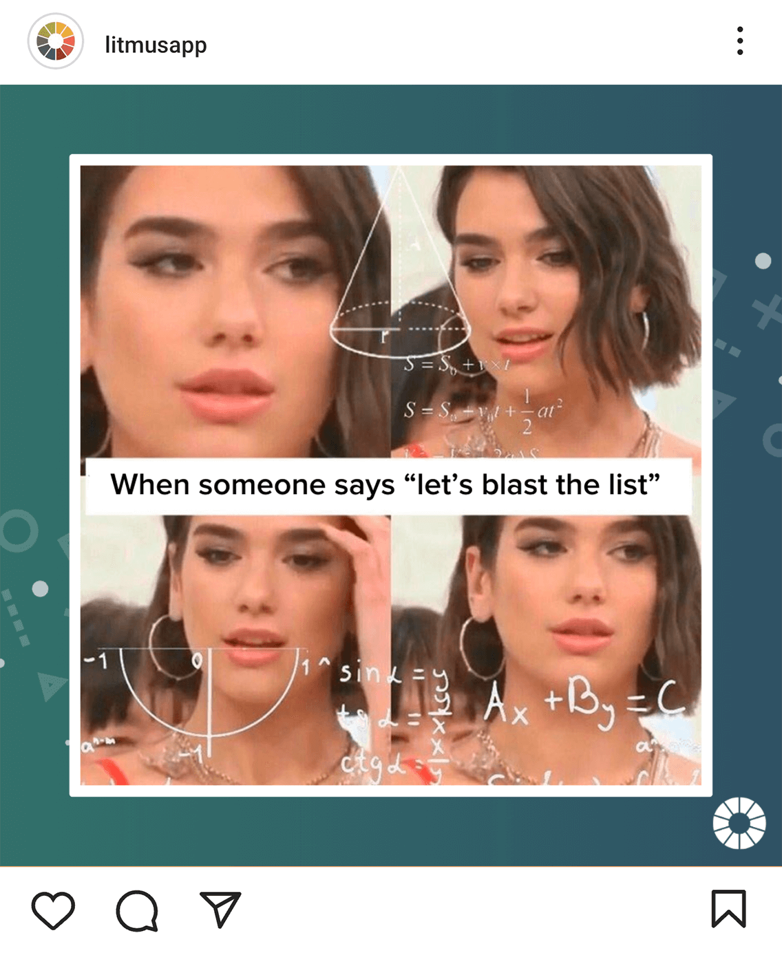 Four images of Dua Lipa very confused with the words 'When someone says 'let's blast the list'