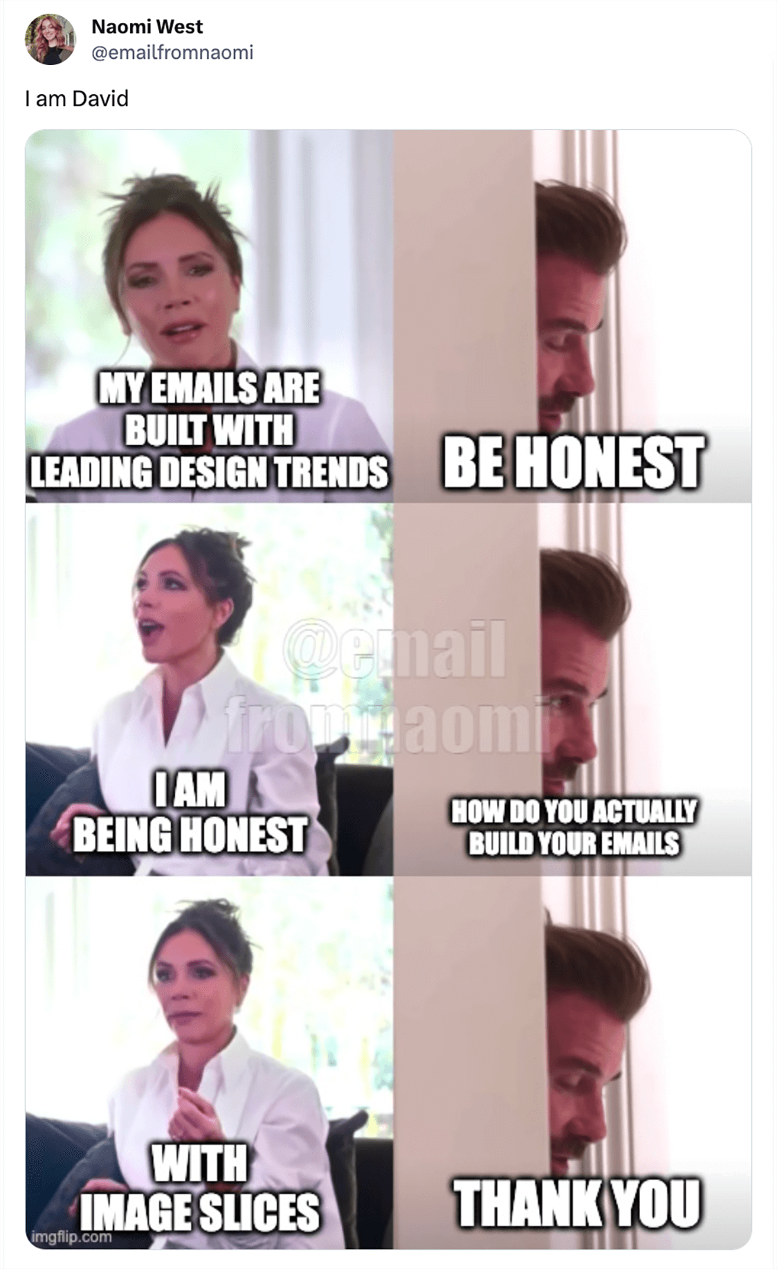 Naomi West @emailfromnaomi on X says: 'I am David' with a meme of a conversation between two people that says, 'My emails are built with leading design trends' 'be honest' 'I am being honest' 'how do you actually build your emails' 'with image slices' 'thank you'