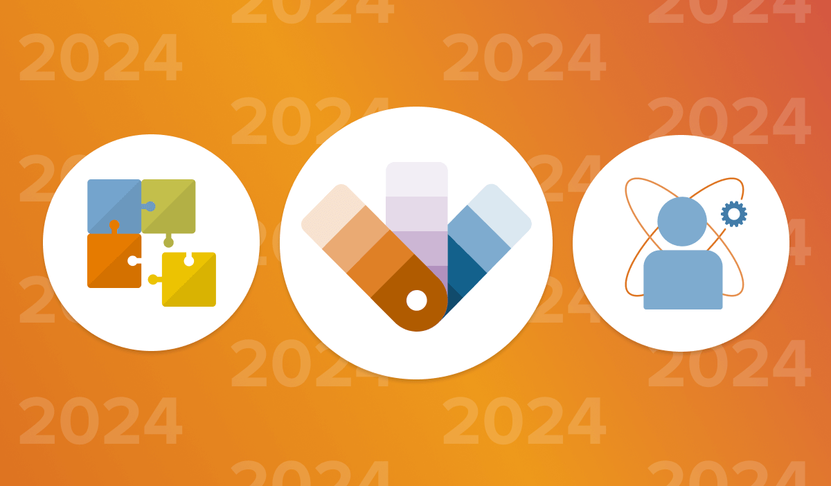 Three icons of a multi-colored puzzle which represents personalization, another icon of color swatches which represents email design, and an icon of a person and a gear which represents integrations. 2024 is overlaid multiple times in the background.