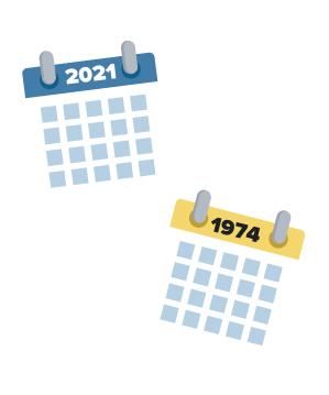 Two calendars with the years '1974' and '2021'