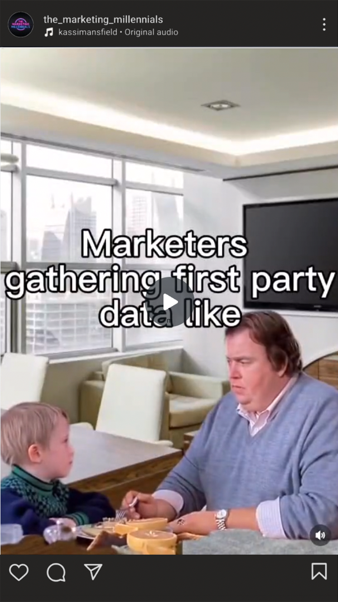 the_marketing_millennials on Instagram created a Reels meme with the caption 'Marketers gathering first party data like' with of a scene from Uncle Buck of Macauley Culkin asking John Candy many questions