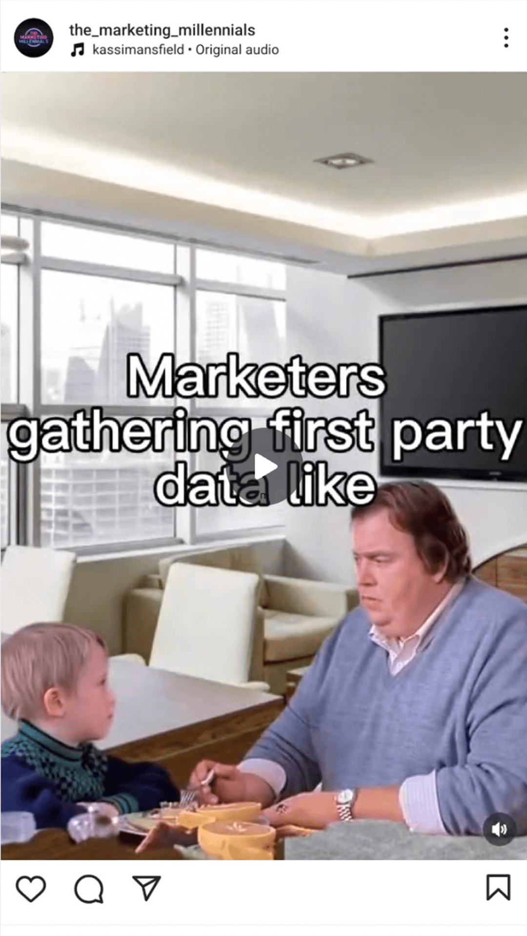 the_marketing_millennials on Instagram created a Reels meme with the caption 'Marketers gathering first party data like' with of a scene from Uncle Buck of Macauley Culkin asking John Candy many questions