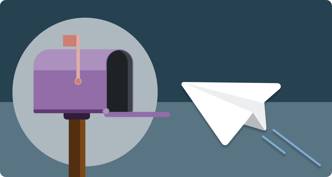 A paper airplane flying towards a mailbox.