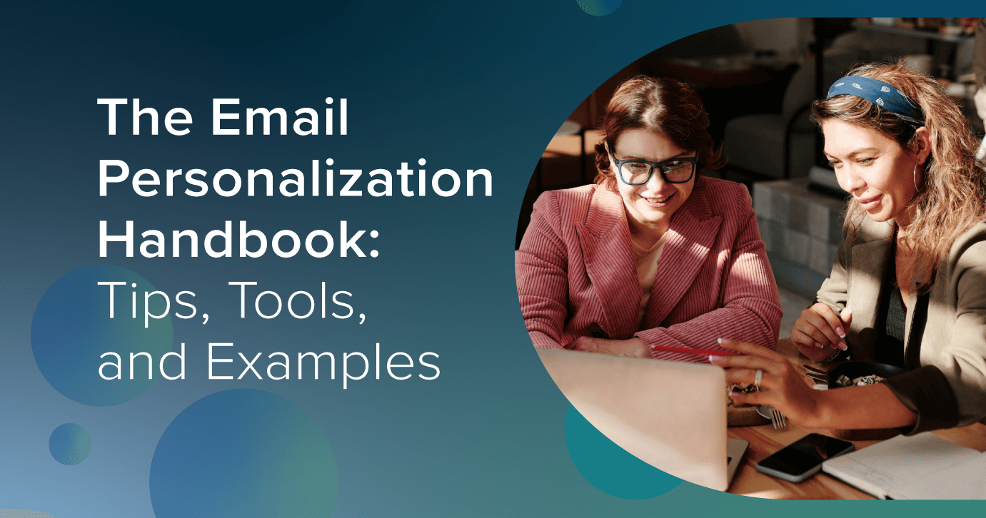 The Email Personalization Handbook: Tips, Tools, and Examples with two people sitting down and smiling while looking at a laptop