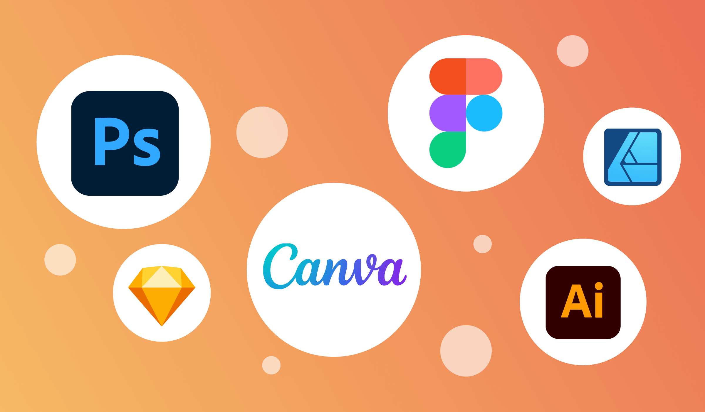 Icons for Adobe Photoshop, Sketch, Canva, Figma, Affinity Designer, and Adobe Illustrator
