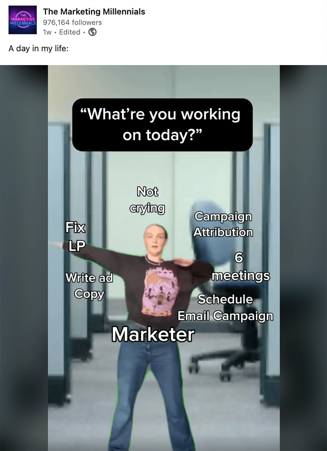 The Marketing Millennials on LinkedIn said, 'A day in my life:' with a video with a caption that says 'What're you working on today?' The person is waving their arms in all different directions pointing at things like, 'Fix LP,' 'Schedule campaign,' '6 meetings later,' 'Not crying'