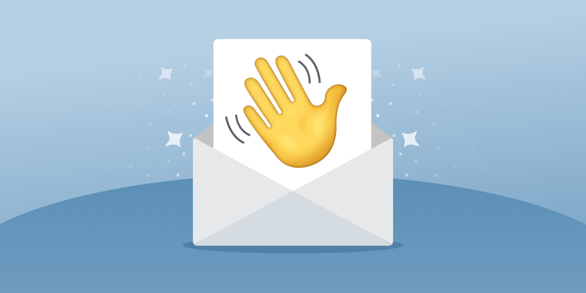 A hand waving emoji on a piece of paper coming out of an envelope.