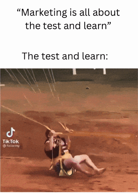 'Marketing is all about the test and learn' The test and learn: with a GIF of someone paragliding and crashing into the sand before getting to the water
