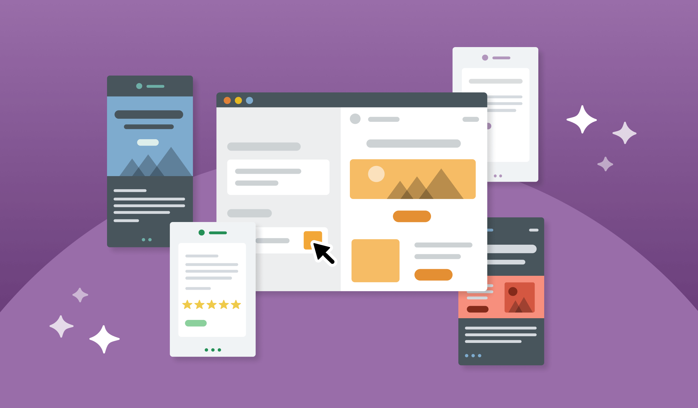Five different types of email templates: A Dark Mode mobile template, a customer testimonial mobile template, an image-led desktop template, and two more mobile friendly templates.