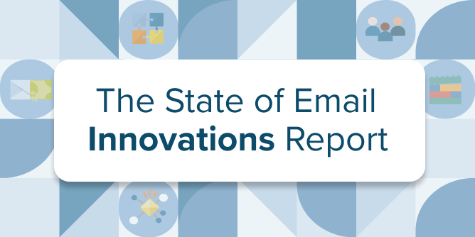 The State of Email Innovations Report title slide with geometric shapes in the background. Some have icons representing different parts of email innovation such as AI and personalization.