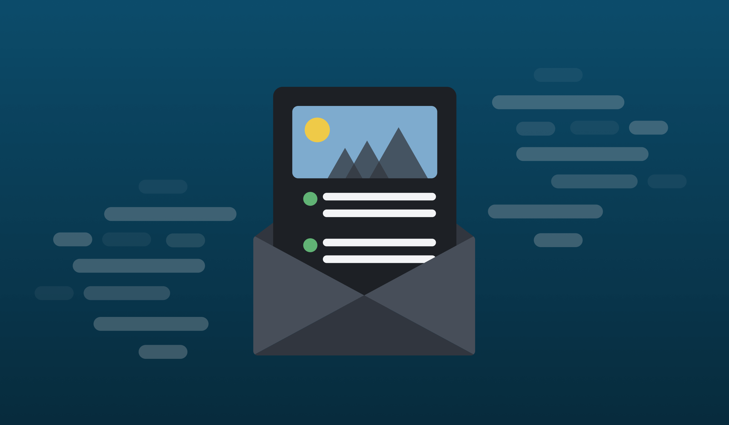 An email with a dark background coming out of a dark envelope.