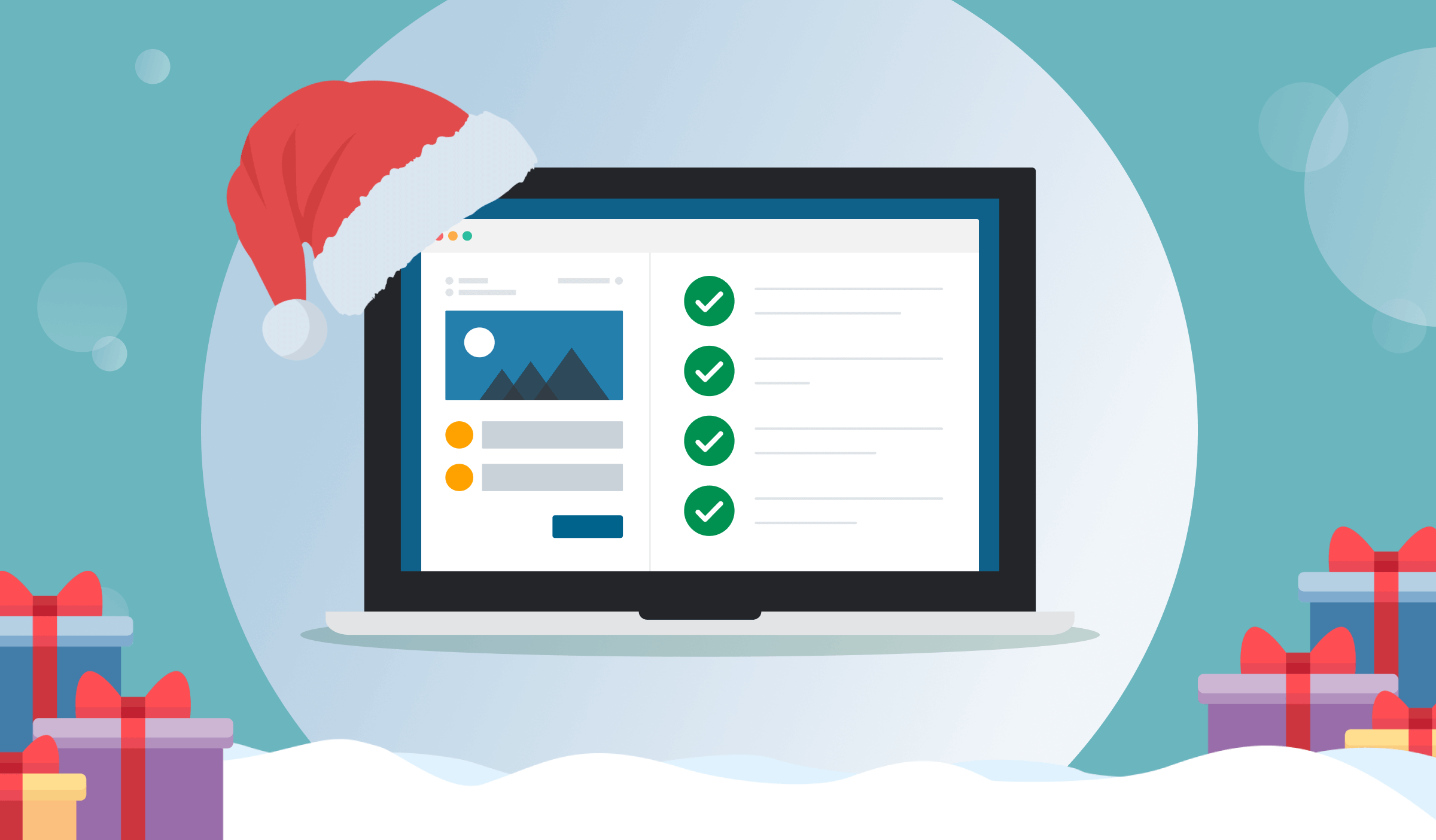 A Santa 
hat on a laptop showing an email with a checklist next to it.