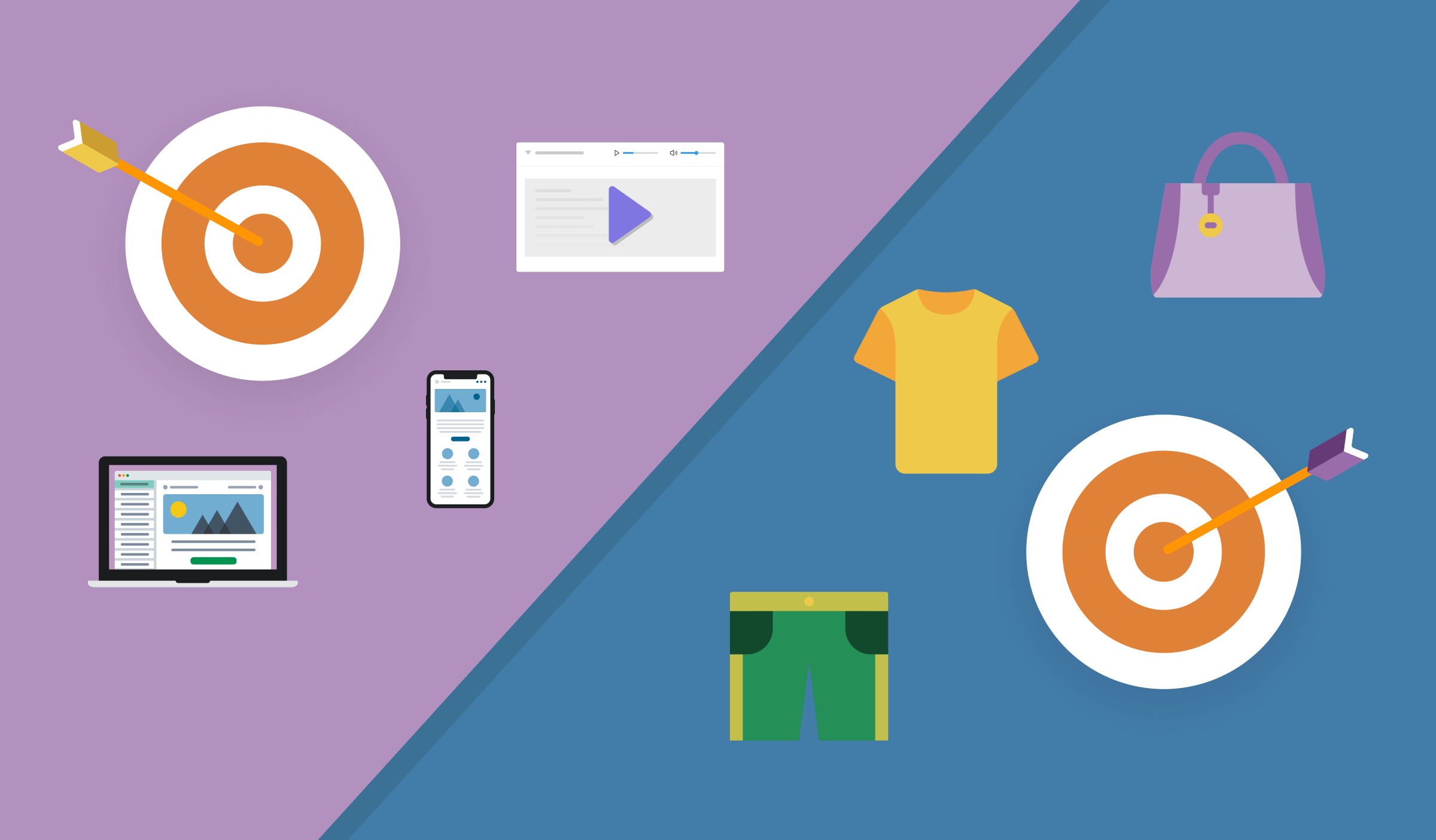 A split image - one half has devices of different sizes one half has products one would purchase.