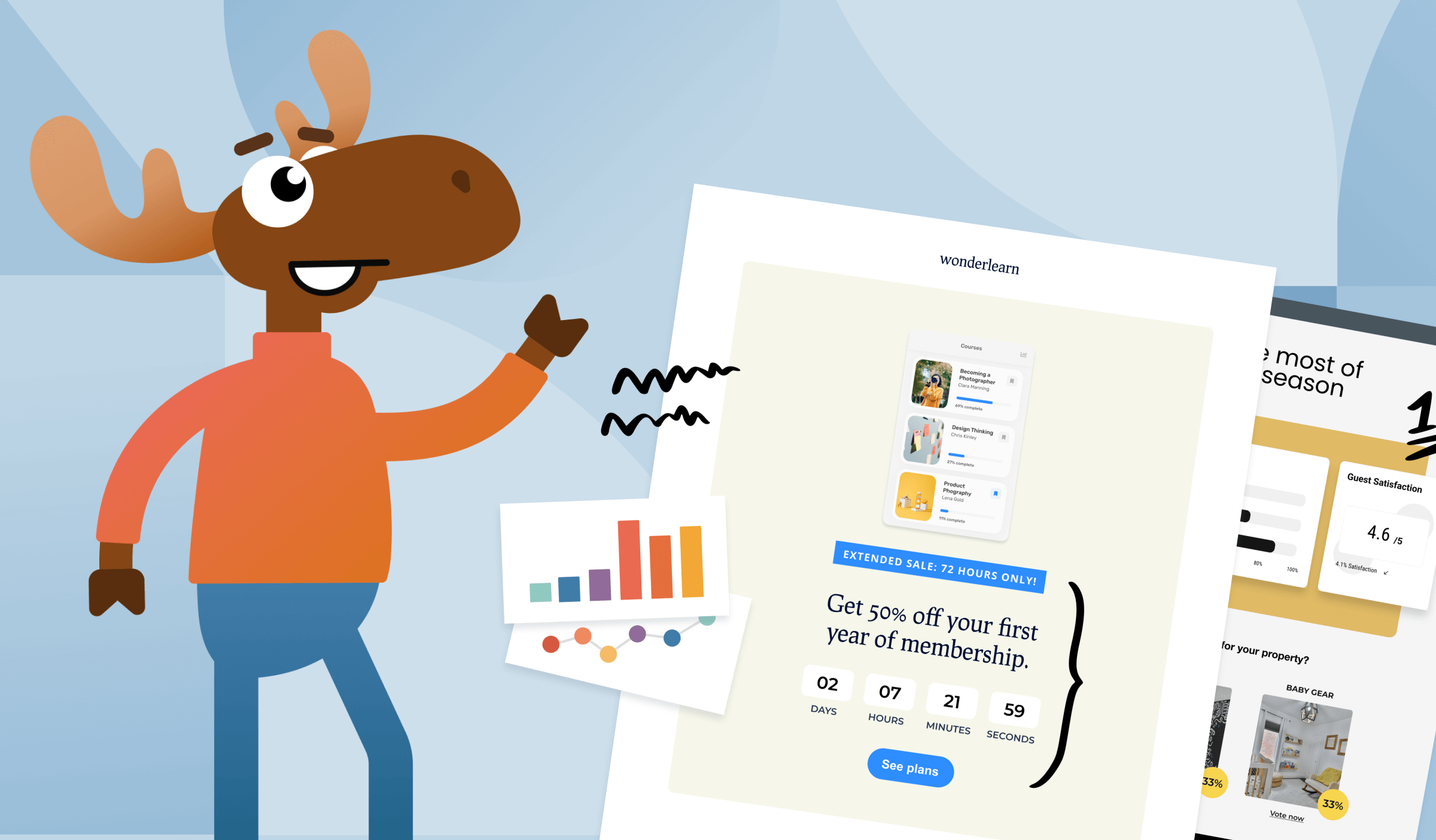 Litmoose, a smiling moose with a red turtleneck and blue pants, and the instructor for the latest email personalization course, Level Up: Personalization