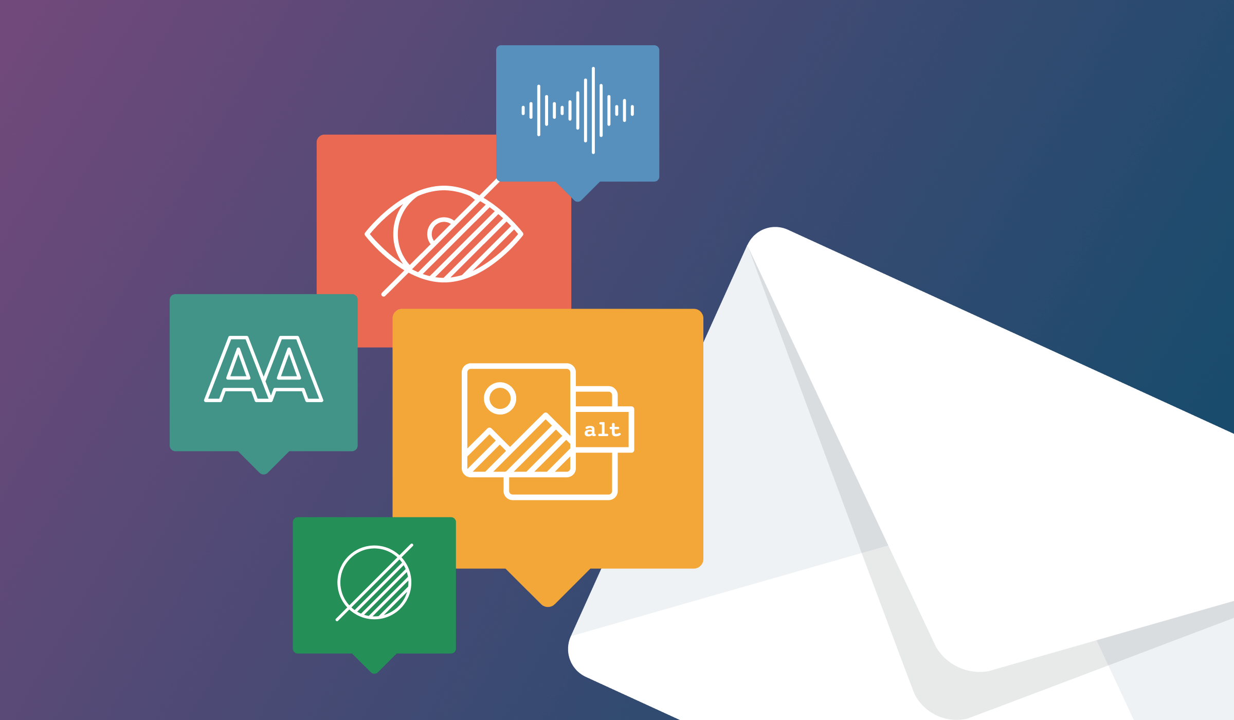 Graphic 
of an envelope with five speech bubbles displaying accessibility icons, including audio waveform, visual impairment, large text, alt text, and color contrast