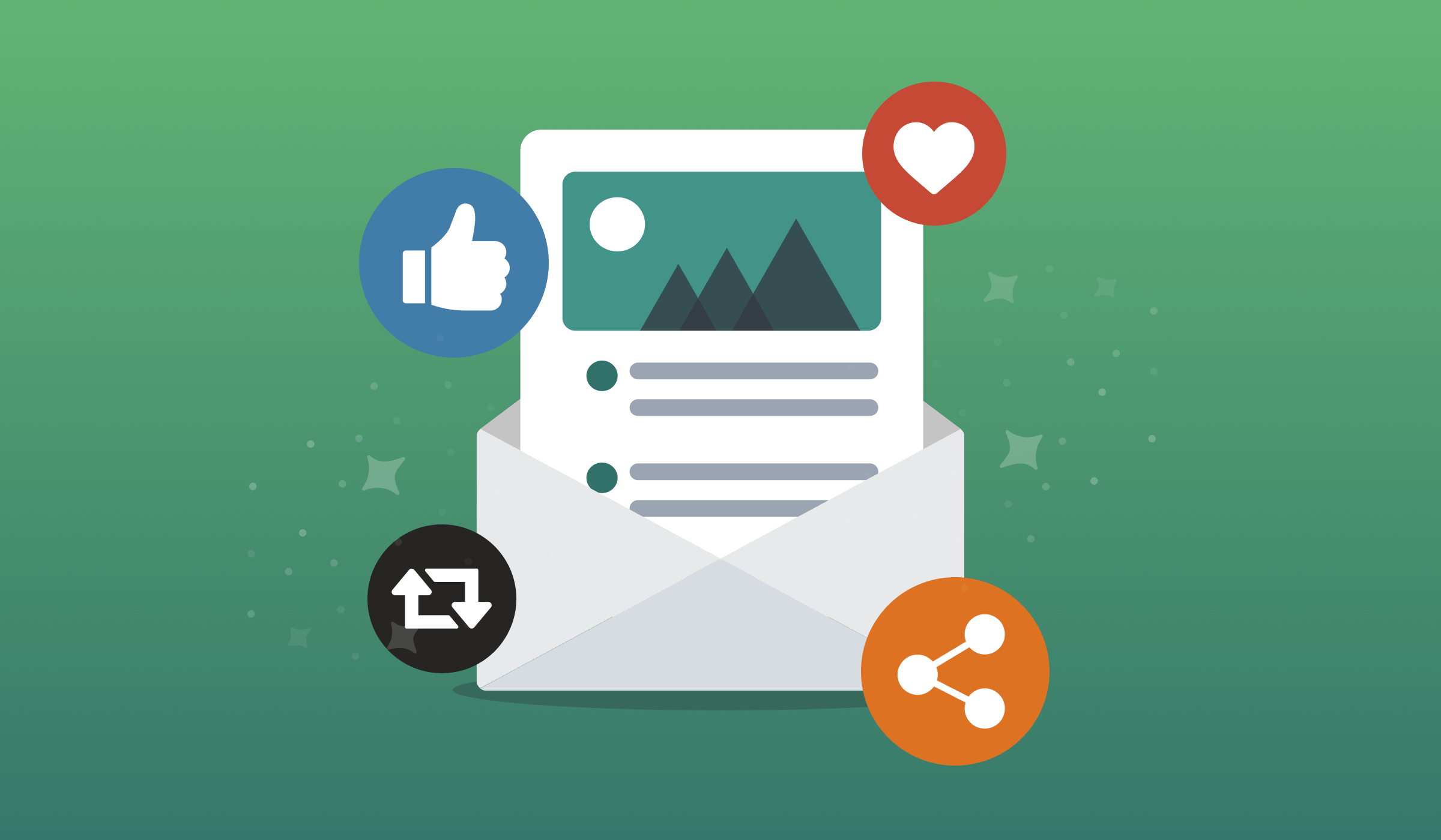 Illustration of an 
envelope with a newsletter surrounded by four social media icons: like, love, retweet, and share